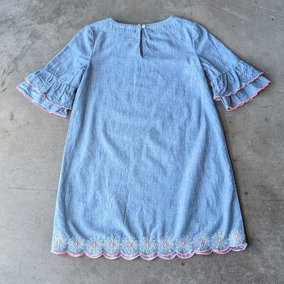 J. Crew Crewcuts Blue Denim Chambray Ruffle Sleeve Floral Embroidered Dress - Picture 6 of 6